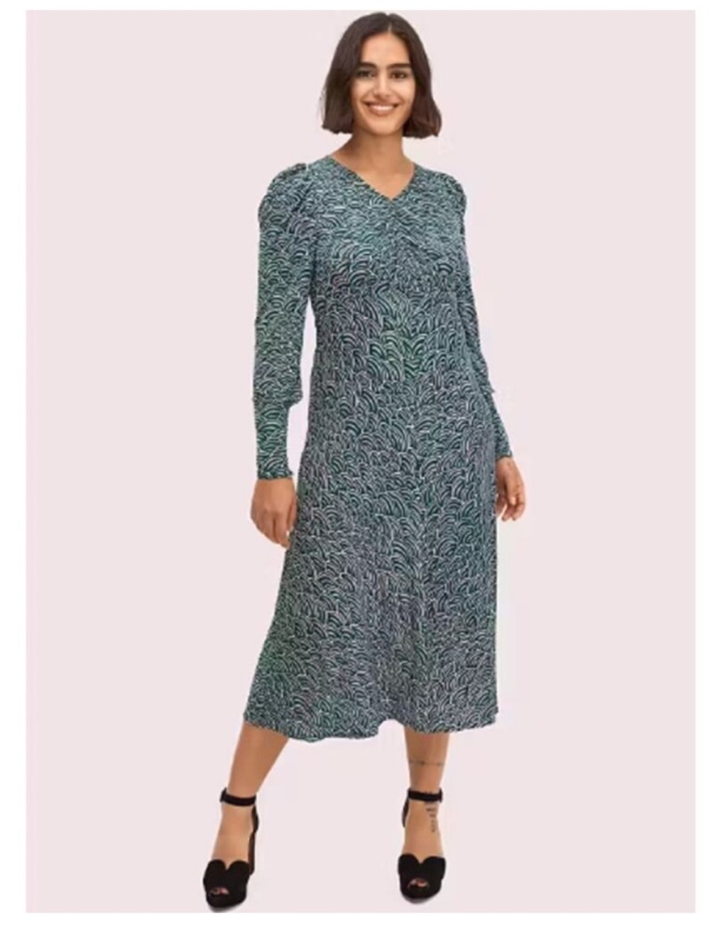 Kate Spade Long Sleeve midi Dress Size 4 purple abstract pattern V neck